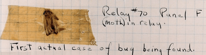 Log book entry of first computer bug with actual moth that was found in a relay