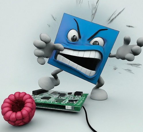 A GenAI image of a cartoon style VS Code attacking a Raspberry Pi computer board