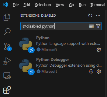 Screenshot showing Python extensions are disabled in VS Code