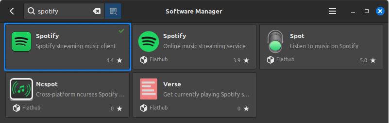 A screenshot showing an example of searching for “spotify” in Software Manager